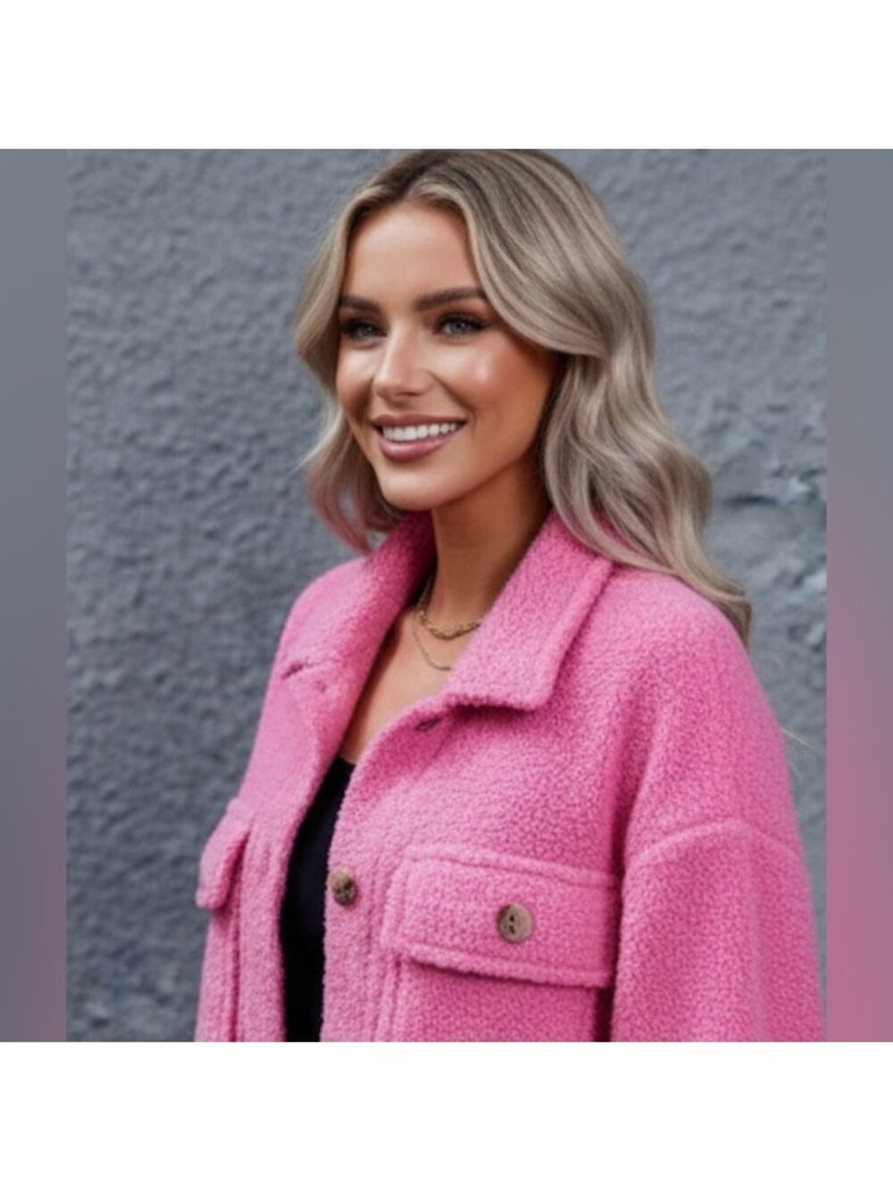 Flap Pocket Drop Shoulder Teddy Coat Jacket Pink - Picture 3 of 10